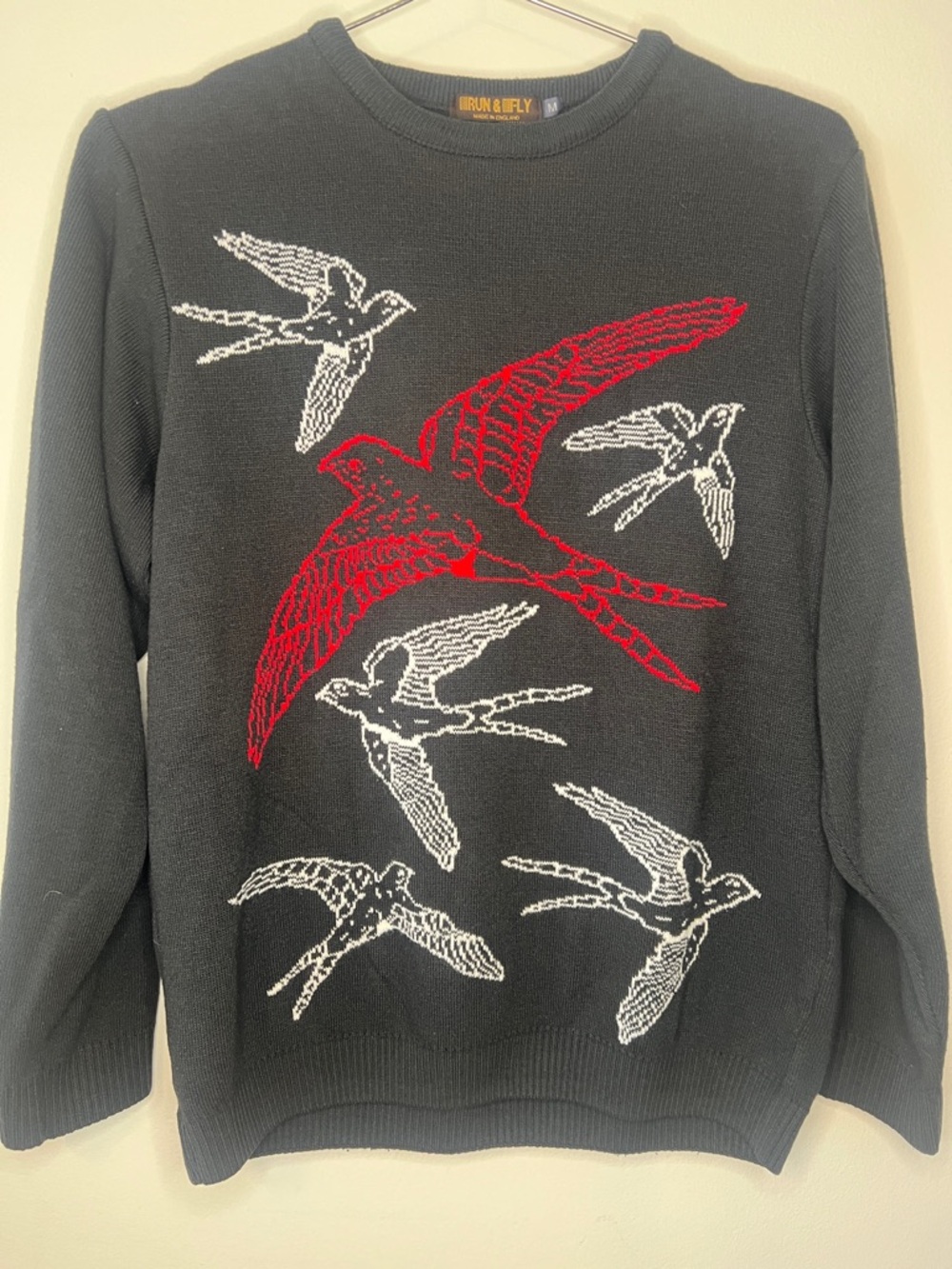 Hunter Green Crewneck Sweater with Red & White Swallow Motif
